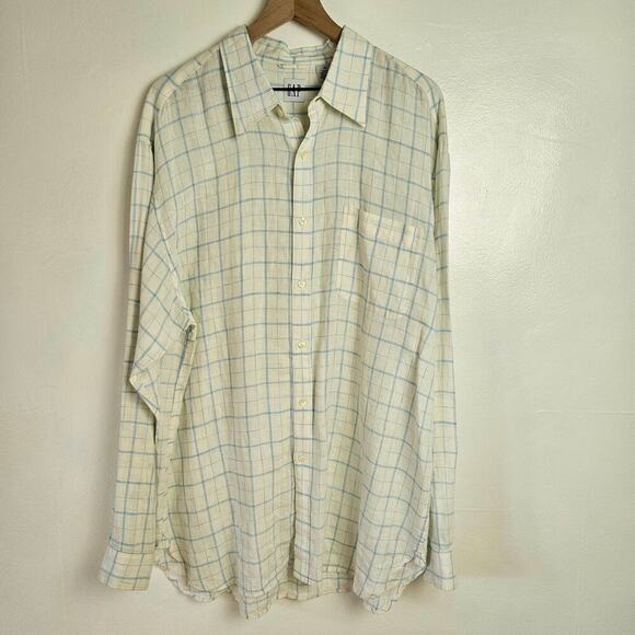 Gap Vintage Y2K Linen Button Front Shirt Men's XL Off White Blue Long Sleeve - Picture 2 of 7